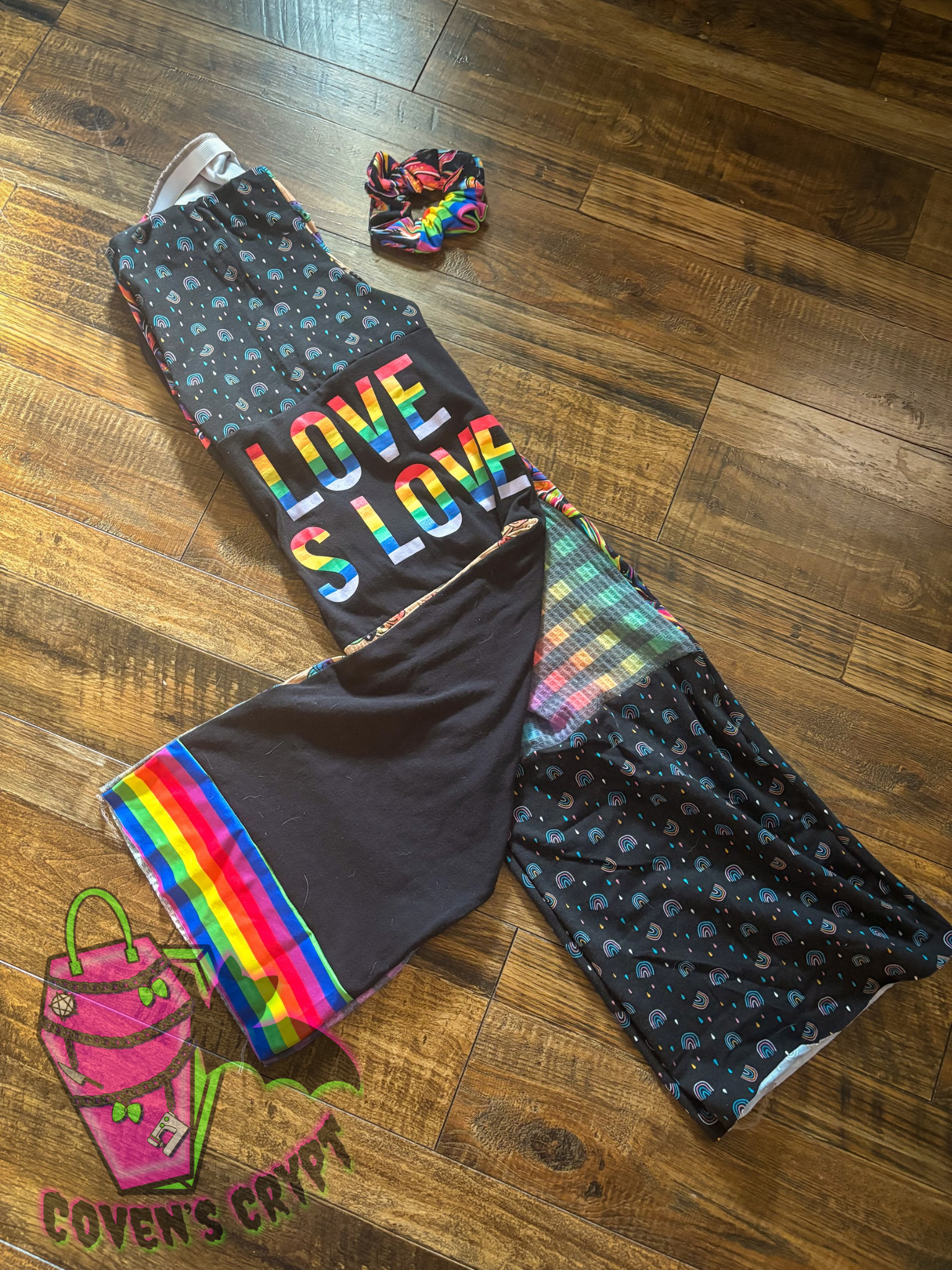 Rainbow Upcycle Pants & Matching Scrunchie - Size 10