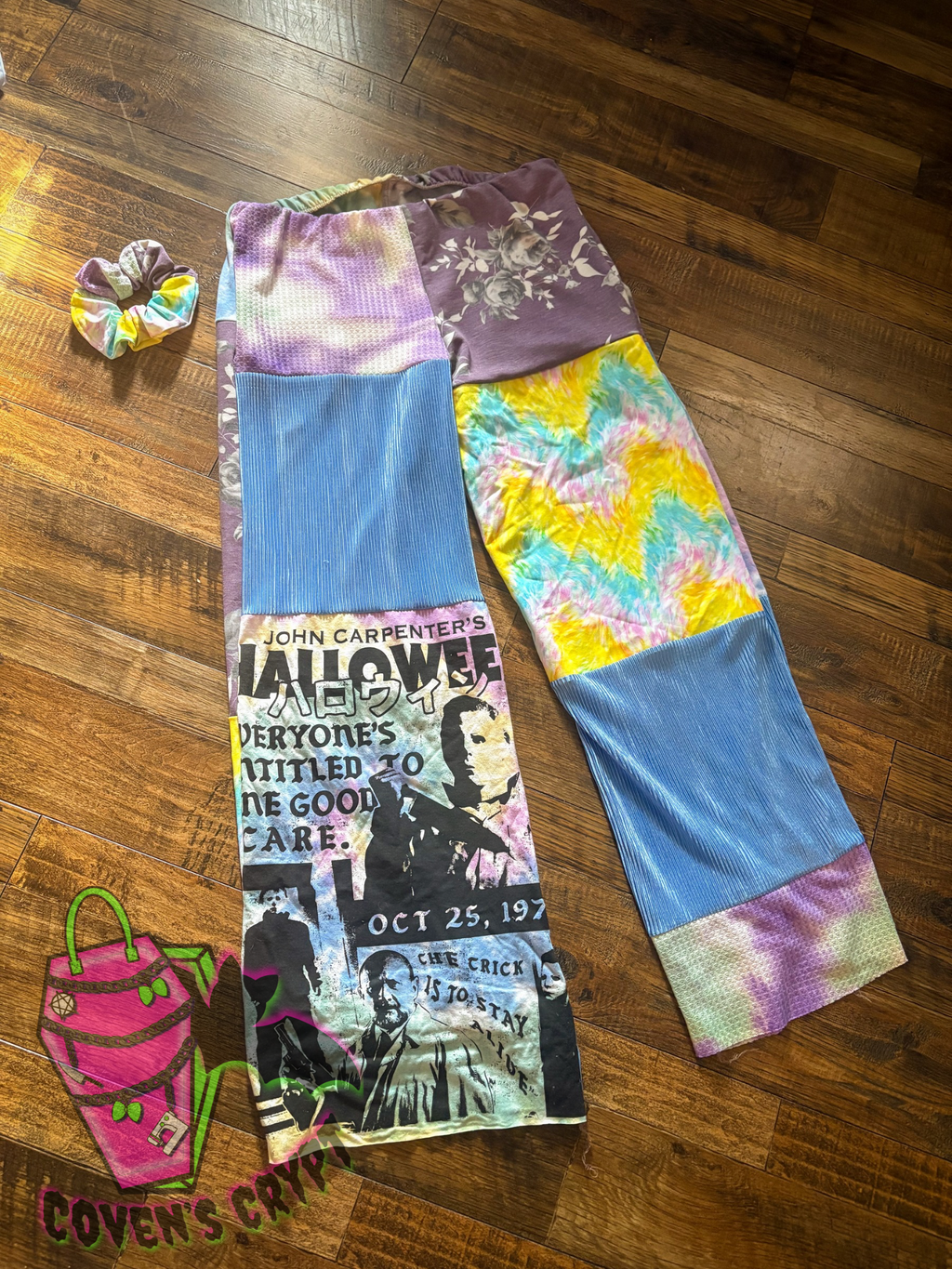 Pastel Rainbow Upcycle Pants & Matching Scrunchie - Size 14