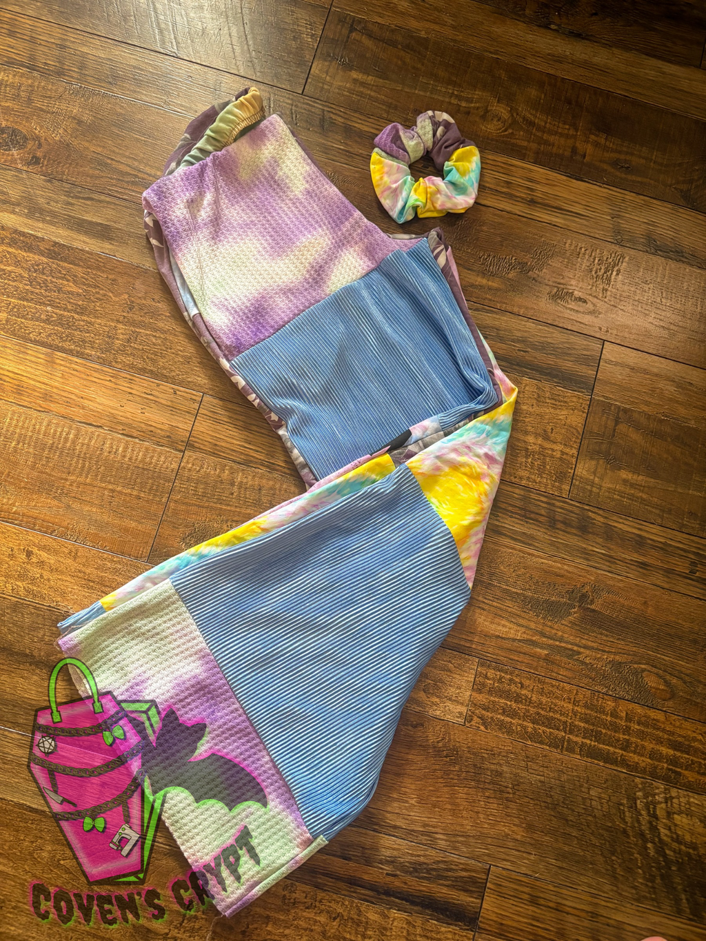 Pastel Rainbow Upcycle Pants & Matching Scrunchie - Size 14