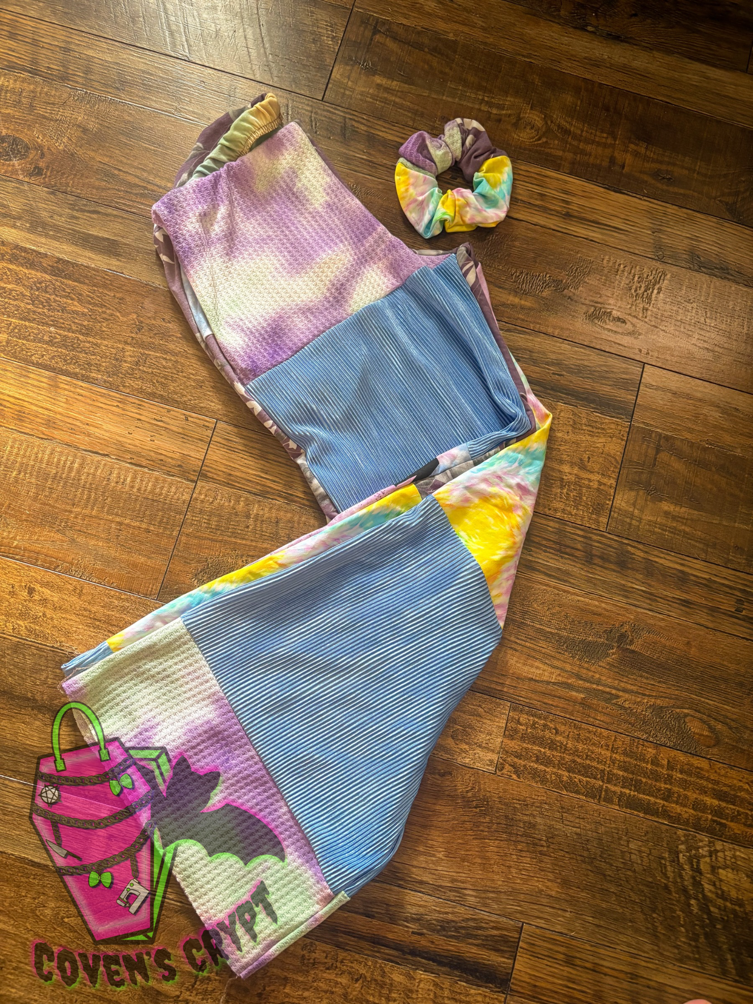 Pastel Rainbow Upcycle Pants & Matching Scrunchie - Size 14