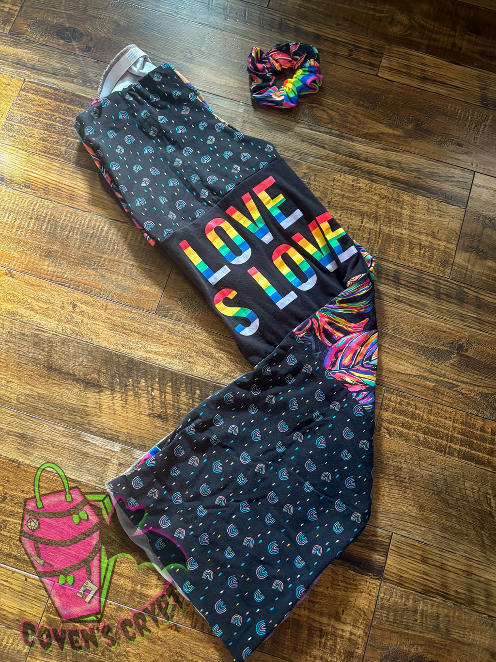 Rainbow Upcycle Pants & Matching Scrunchie - Size 10