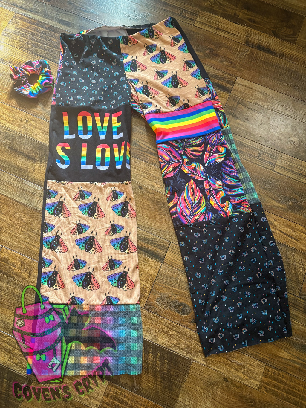 Rainbow Upcycle Pants & Matching Scrunchie - Size 10