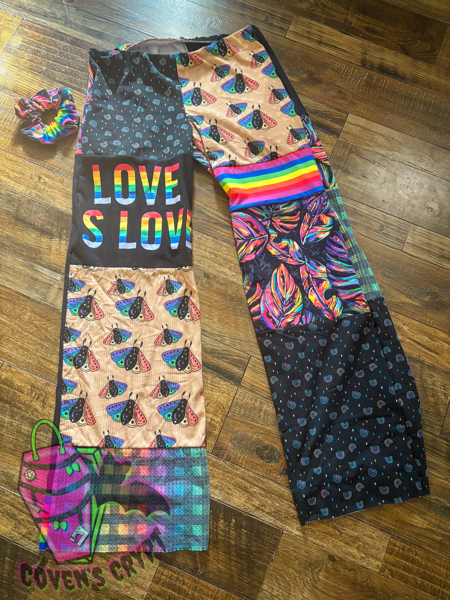 Rainbow Upcycle Pants & Matching Scrunchie - Size 10