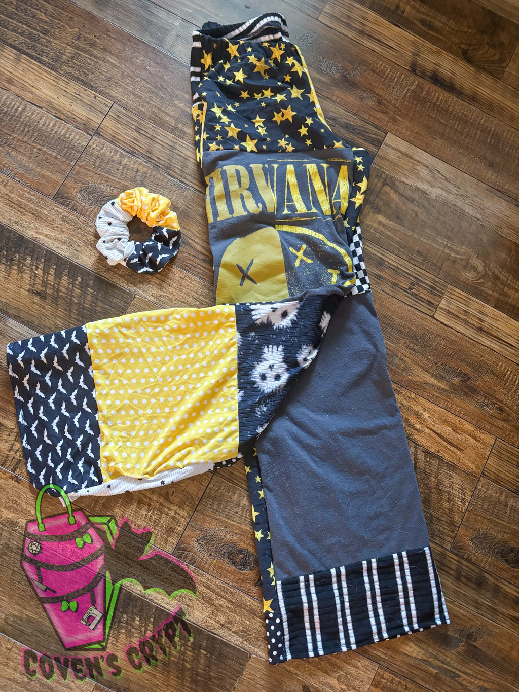 Yellow & Black Upcycle Pants & Matching Scrunchie - Size 8