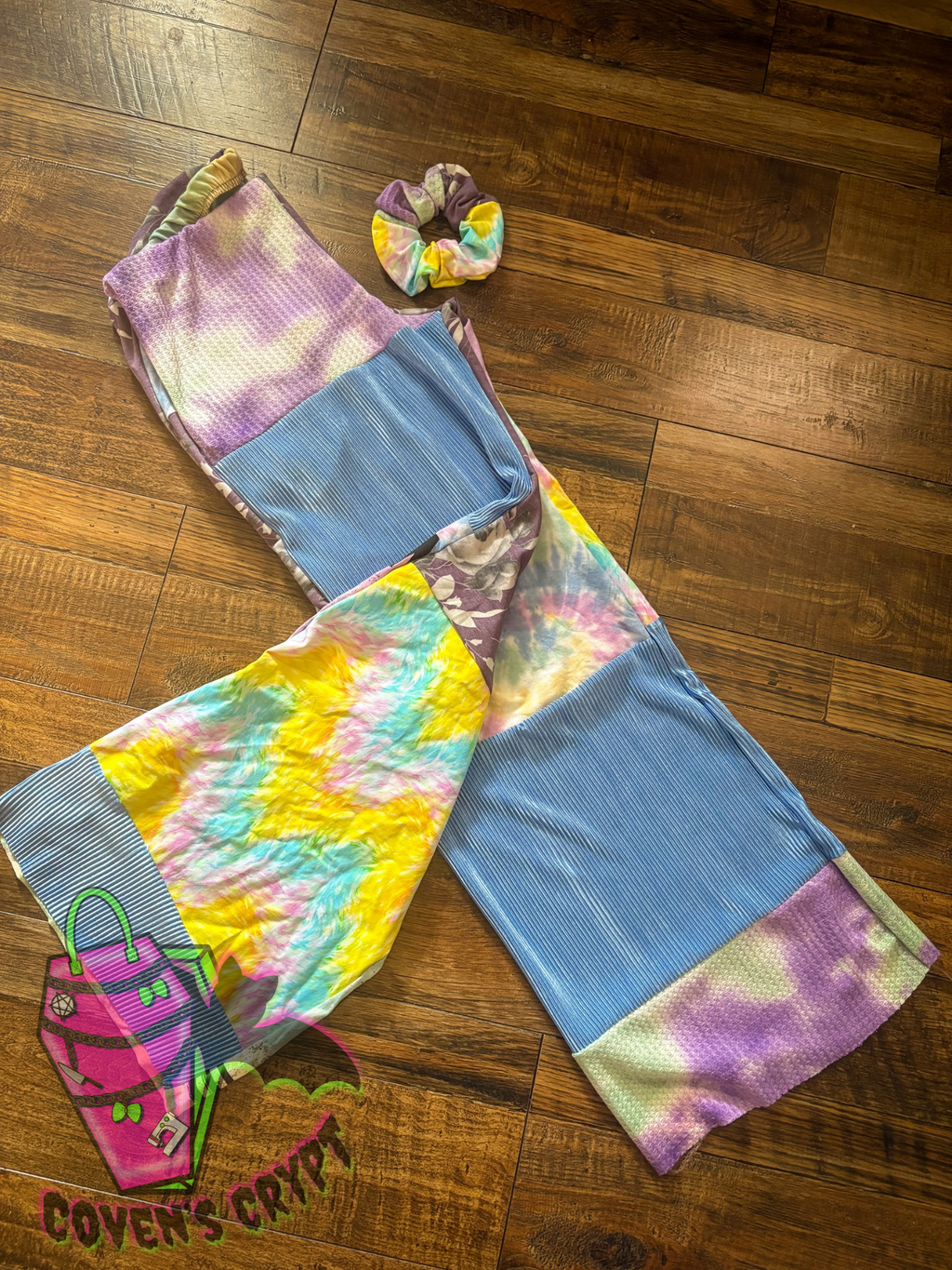 Pastel Rainbow Upcycle Pants & Matching Scrunchie - Size 14