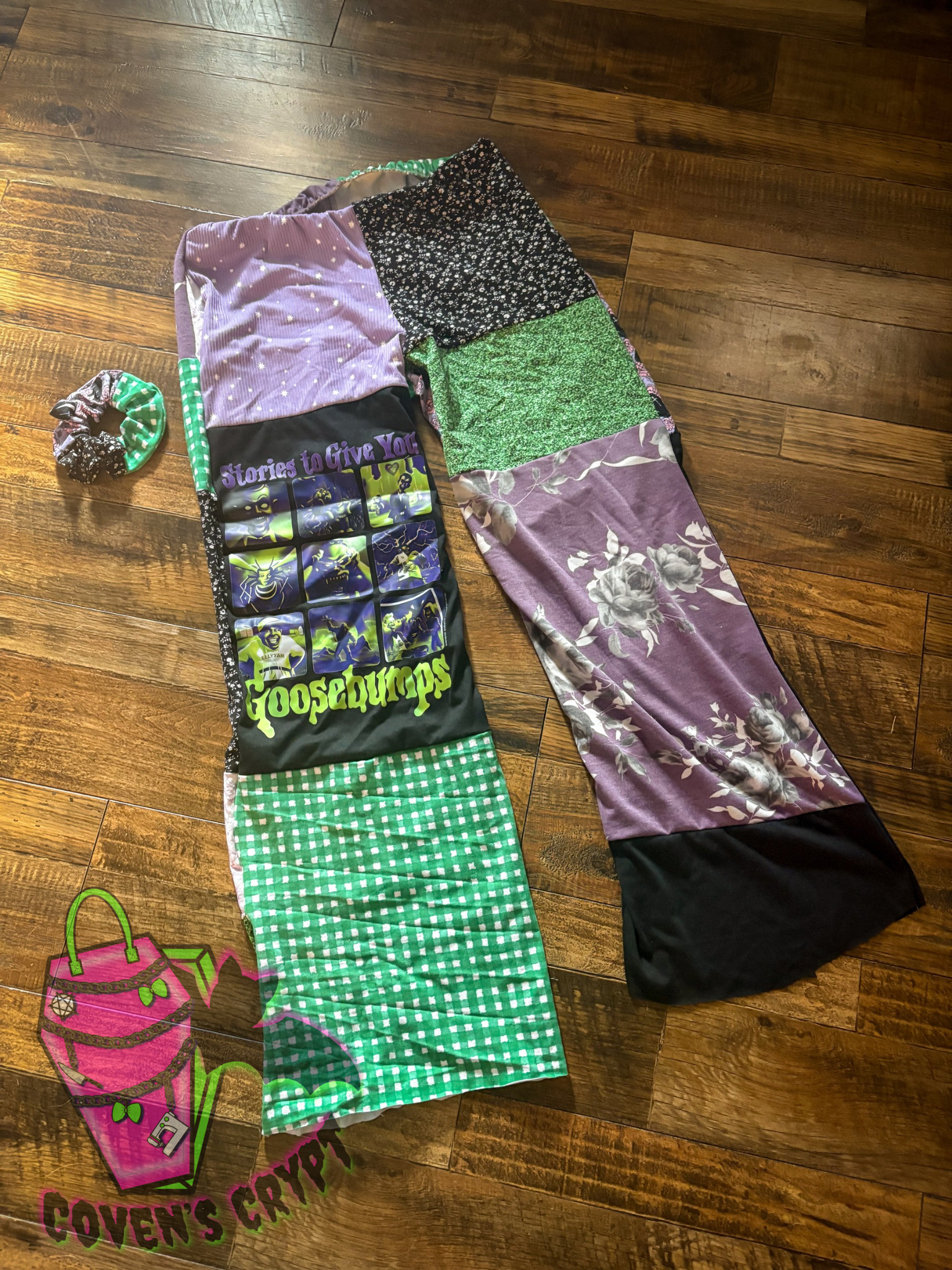Purple & Green Upcycle Pants & Matching Scrunchie - Size 12
