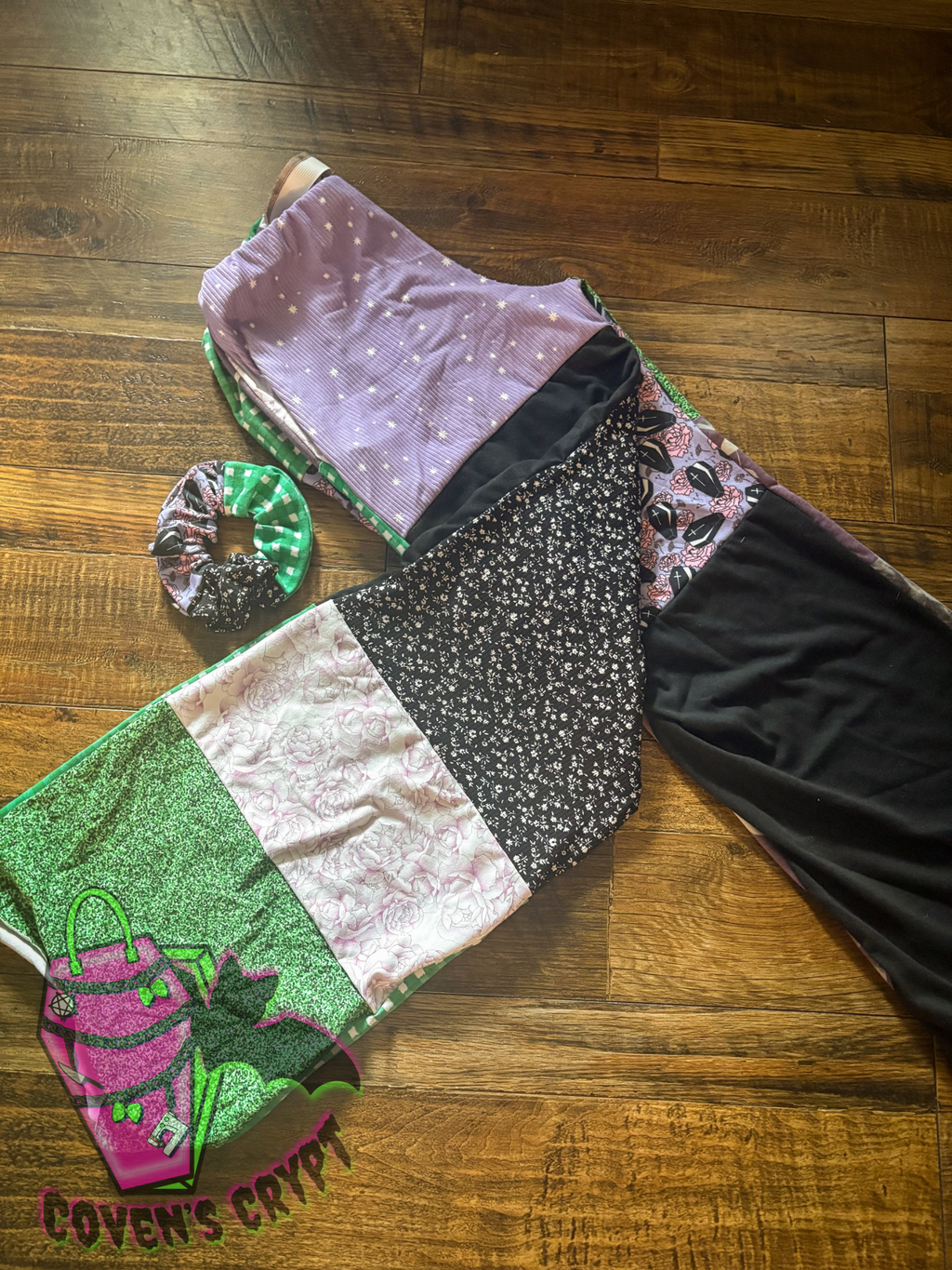 Purple & Green Upcycle Pants & Matching Scrunchie - Size 12
