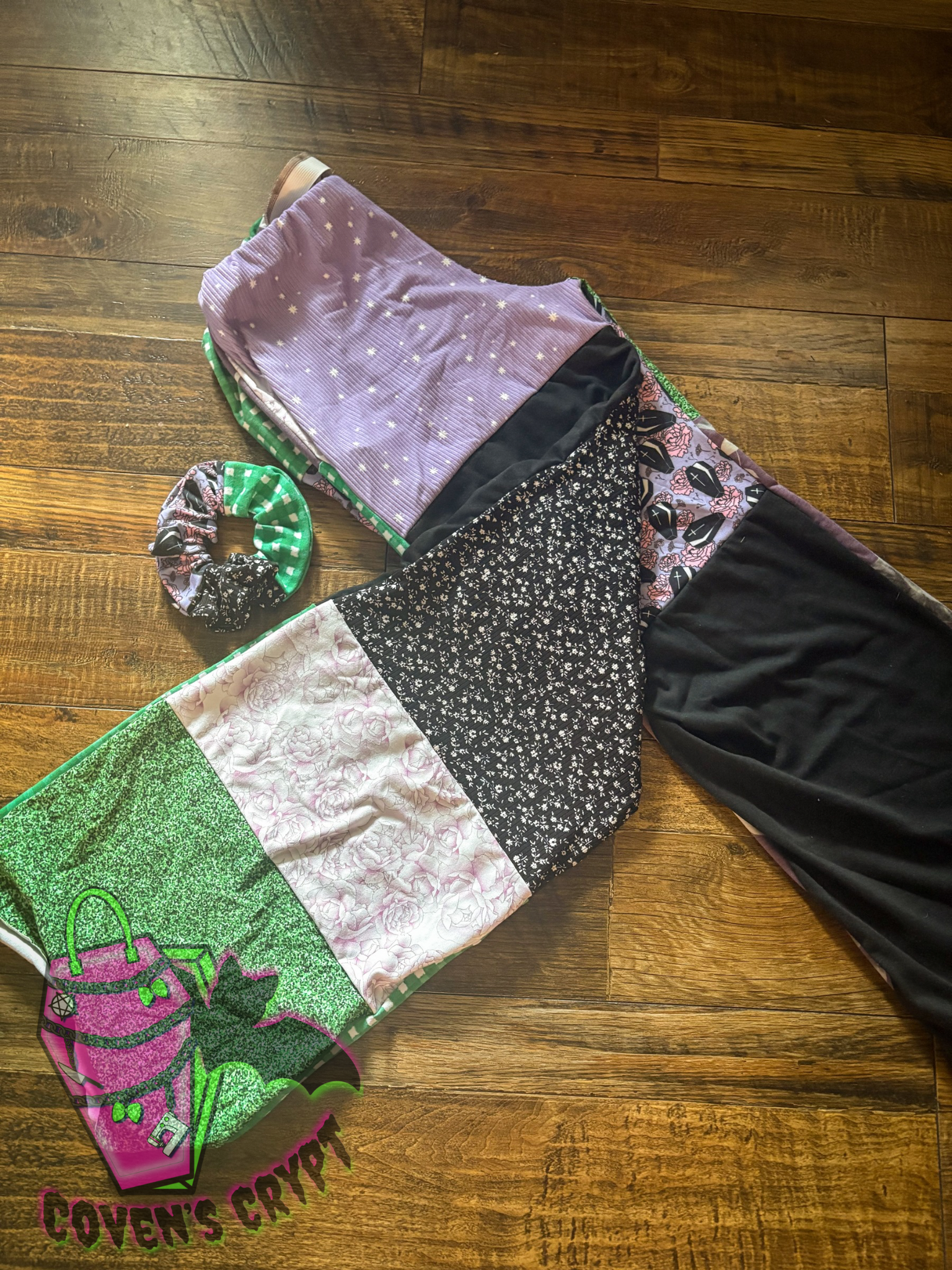 Purple & Green Upcycle Pants & Matching Scrunchie - Size 12