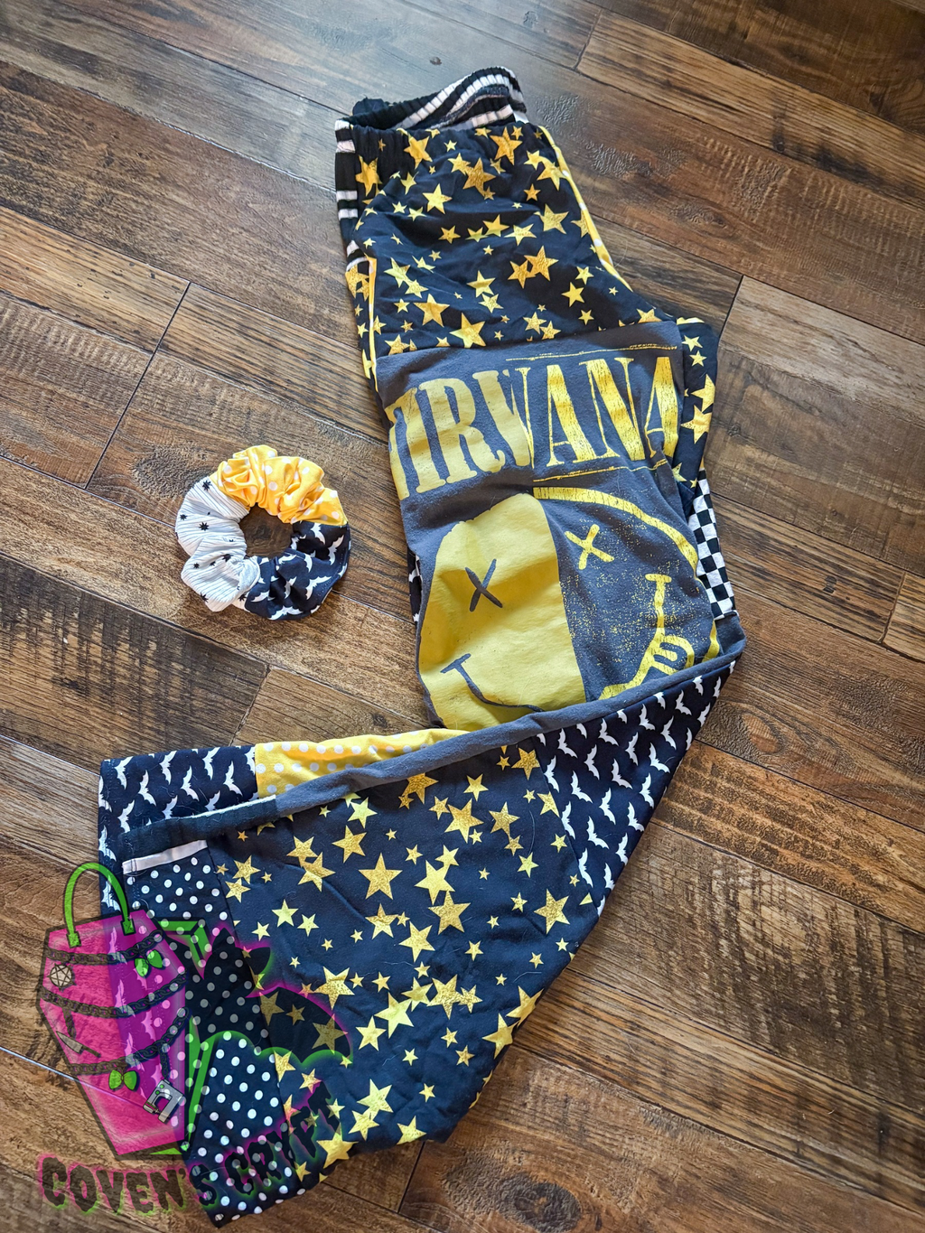 Yellow & Black Upcycle Pants & Matching Scrunchie - Size 8