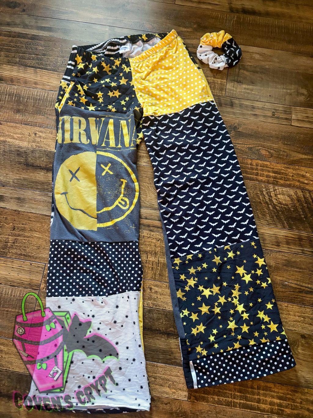 Yellow & Black Upcycle Pants & Matching Scrunchie - Size 8